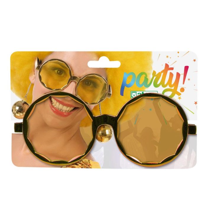 Accessoire de déguisement pour adulte - Lunettes rondes et pendants boules disco dorées - Thème années 70