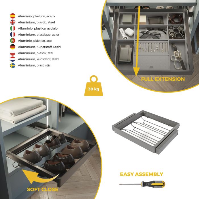 Emuca Kit tiroir à chaussures et rack ajustable Quartz pour armoires, glissières extension totale et à fermeture douce, Module 60cm, Finition Titane 6