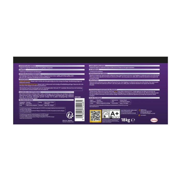 Metylan Colle à papier peint prête à l'emploi Ovalit V pour toiles fibres de verre, rendement 200 g/m², 18 kg Metylan Colle à papier peint prête à l'emploi Ovalit V pour toiles fibres de verre, rendement 200 g/m², 18 kg