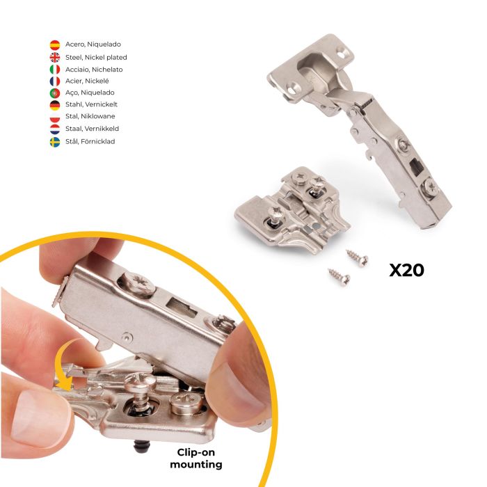 Emuca Lot de 20 charnières droites X91 à fermeture amortie avec embases de montage mixtes, Diamètre 5x9.5mm, Hauteur 0, Acier, Nickelé 2