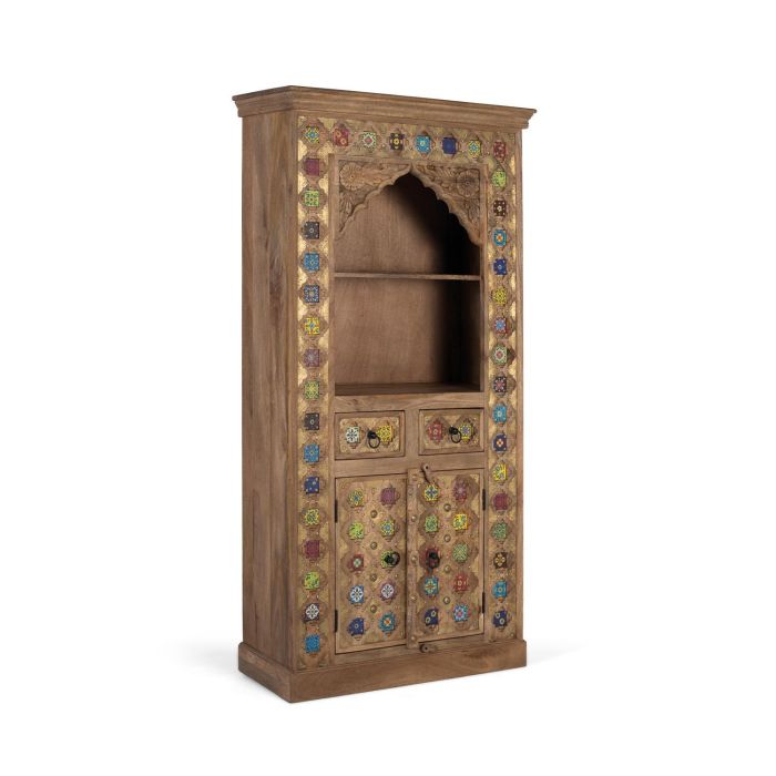 GINER Y COLOMER - Bibliothèque en bois de manguier couleur noisette, avec portes, tiroirs et carreaux de céramique peints à la main, style ethnique artisanal 2
