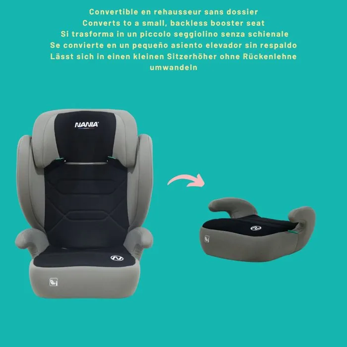 Nania Bogota Siège Auto Groupe 2/3 i-Size (15-36 kg, 100-150 cm) avec ISOFIX, Appui-tête Réglable 9 Positions, Dossier Amovible, Noir