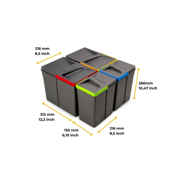 Emuca Poubelles pour tiroir de cuisine Recycle avec couvercle anti-odeurs, Hauteur 266, 2x15litres, 2x7litres, Plastique gris antracite 8
