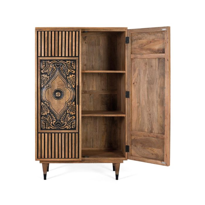 GINER Y COLOMER - Buffet haut en bois de manguier couleur noisette, portes sculptées mandala noir, étagère intérieure, pates tournées métal, dimensions 128x45 cm 1