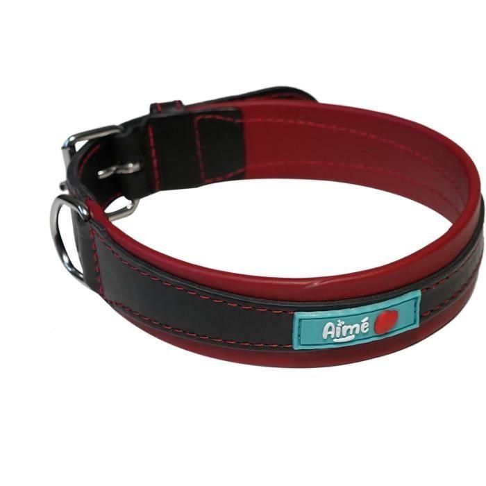 Collier pour chien - AIME - Basic cuir - Cuir vache / agneau - Taille L 43-52 cm - Noir / Rouge 2