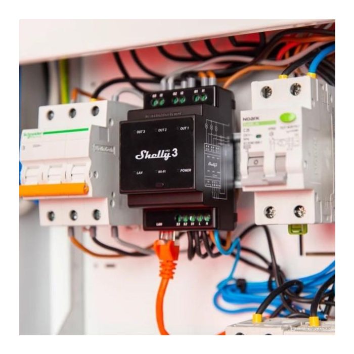 Shelly Relais "Pro 3" WLAN LAN 3x 16A 3 Kanäle 3 Phasen Max. 48A BT DIN-Rail 2