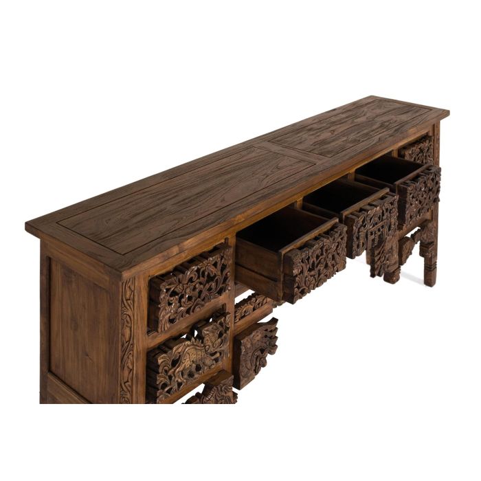 GINER Y COLOMER Console en bois de teca massif style balinais avec 5 tiroirs et pieds sculptés main - 220x40x91 cm 2 GINER Y COLOMER Console en bois de teca massif style balinais avec 5 tiroirs et pieds sculptés main - 220x40x91 cm 2