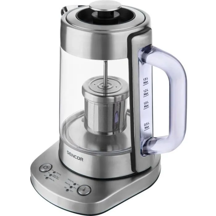 Sencor SWK 1590SS Bouilloire électrique avec théière, 1.5L, acier inoxydable, contrôle électronique de température 70-100°C, maintien au chaud, 1500W