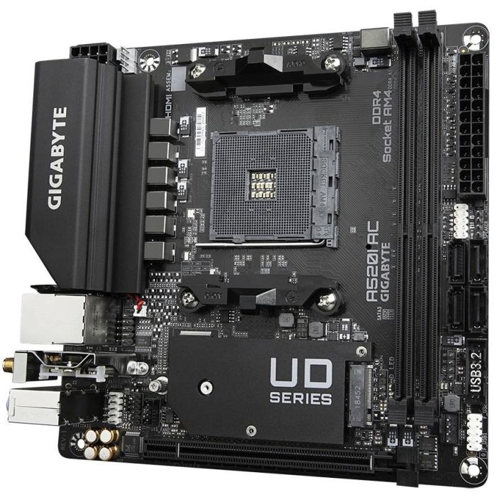 Gigabyte A520I AC - Carte mère AMD A520 (Socket AM4) mini-ITX, WiFi 5, Bluetooth 4.2, Support AMD Ryzen 5000/3000, DDR4 jusqu'à 5300MHz, 1x M.2, HDMI 2.1, DisplayPort