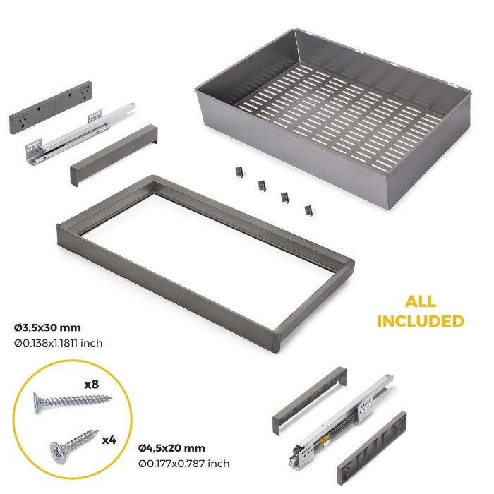 Emuca Kit panier métallique et rack ajustable Quartz pour armoires, glissières extension totale et à fermeture douce, Module 80cm, Finition Titane 5