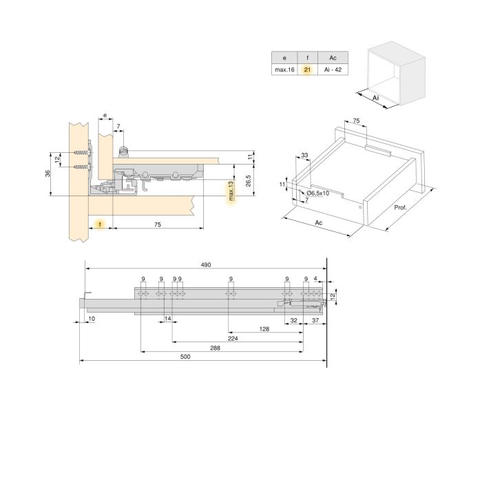 Emuca Jeu de coulisses invisibles pour tiroir Silver, à sortie totale, avec fermeture amortie et loqueteau, profondeur 490mm, Acier, zingué 7