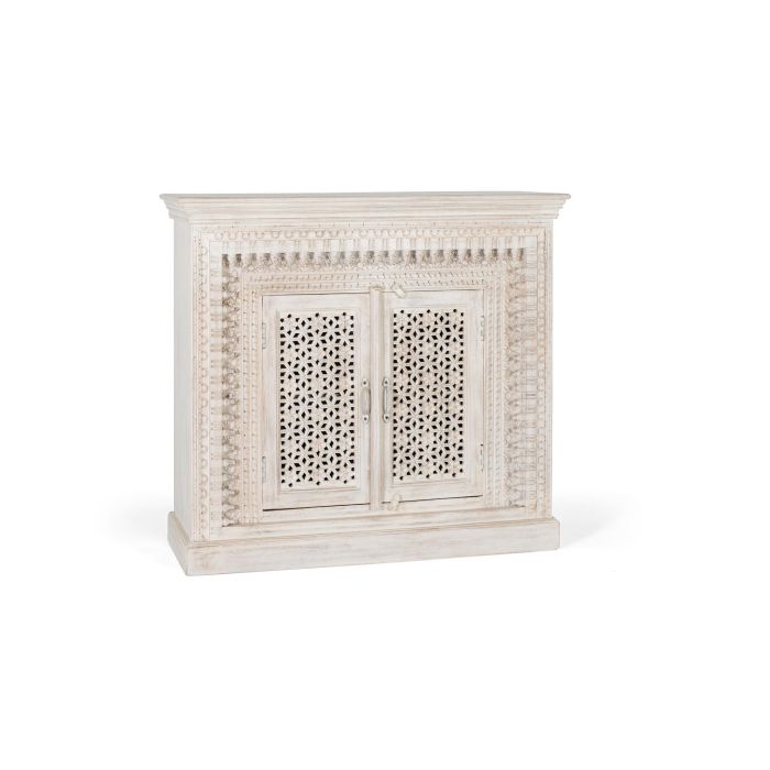 GINER Y COLOMER Buffet en bois de manguier massif sculpté main, finition blanc vieilli, 100x110x40 cm 2