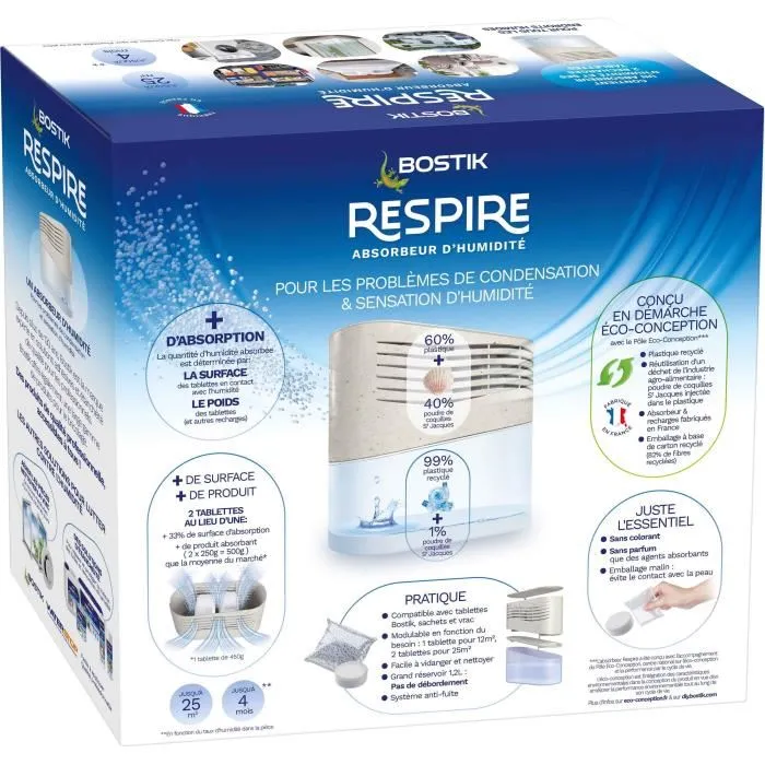 Bostik BOS1690994412360 Absorbeur d'humidité Respira Jusqu'à 25 m², 2 recharges sans parfum, 2 x 250 g 5