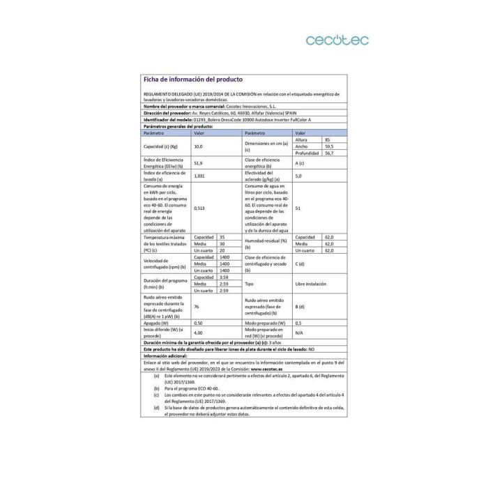 Cecotec Lave-linge 10 kg DressCode 10900 Autodose Inverter FullColor 1400 rpm Classe A 2