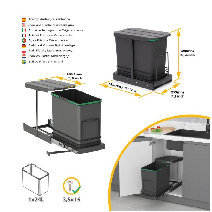 Emuca Poubelle de recyclage Recycle pour cuisine, 24 L, fixation au fond et extraction manuelle/automatique, Plastique gris antracite 2