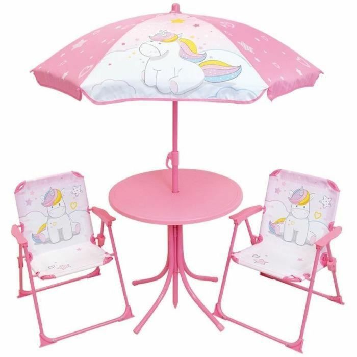Fun House Meubles de jardin enfant licorne : Table 46x46cm, 2 chaises pliantes, Parasol 125x100cm