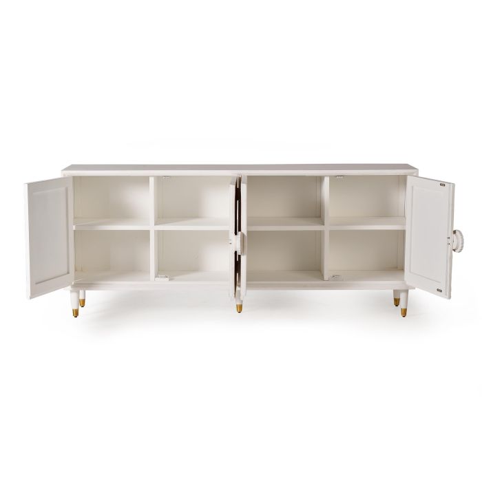 GINER Y COLOMER Buffet en Mango avec 4 Portes Sculptées, Finition Blanc Lavé et Pieds Détail Bronze - 190 x 80 x 40 cm 1 GINER Y COLOMER Buffet en Mango avec 4 Portes Sculptées, Finition Blanc Lavé et Pieds Détail Bronze - 190 x 80 x 40 cm 1