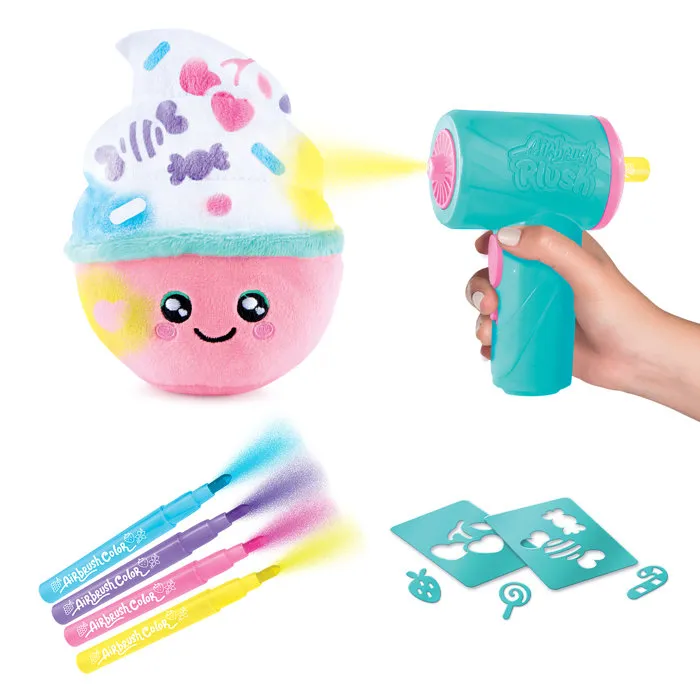 Canal Toys AIR 072 - Kit d'activité créative Airbrush Plush avec peluche Squishy Food'tastic à décorer, feutres parfumés et pochoirs - Jouet dès 6 ans