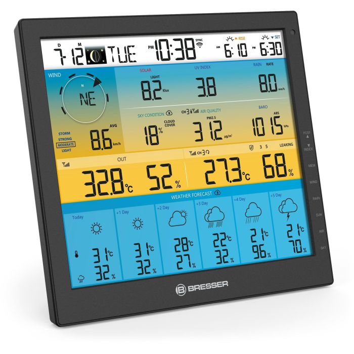 Bresser 7003220 Station météo intelligente 7-en-1 solaire avec WiFi - Écran couleur LCD 10" (25.4 cm), prévisions, capteur extérieur - Noir