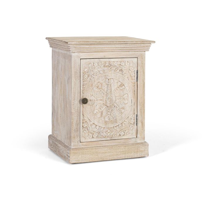 GINER Y COLOMER Table de Chevet en Bois de Mango Acajou, Finition Sable avec Porte Sculptée à la Main, Tiroir et Poignée Noire 1