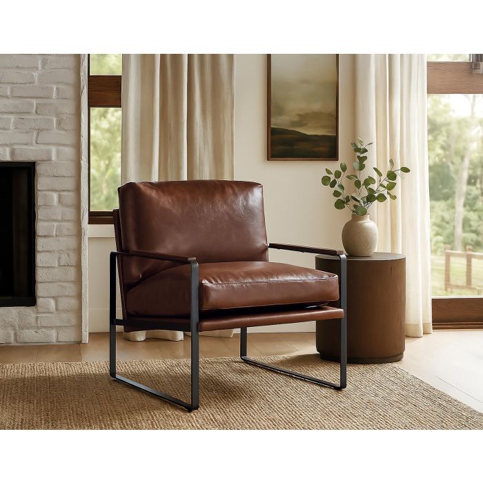 Giner y Colomer Fauteuil industriel contemporain en fer noir et simili cuir brun vieilli - Structure en fer noir, assise rembourrée - Dimensions fournies 6