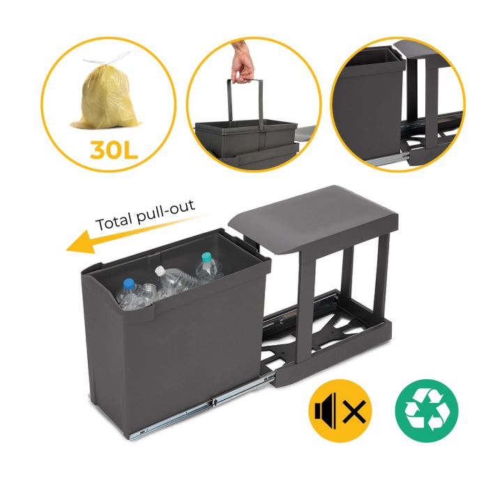 Emuca Poubelles de recyclage pour la cuisine, 1 x 30L, fixation inférieure et extraction automatique, Acier et Plastique, Gris antracite 9 Emuca Poubelles de recyclage pour la cuisine, 1 x 30L, fixation inférieure et extraction automatique, Acier et Plastique, Gris antracite 9