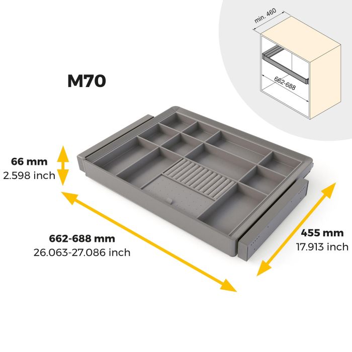 Emuca Kit tiroir organisateur et rack ajustable Quartz pour armoires, glissières extension totale et à fermeture douce, Module 70cm, Finition Titane 10