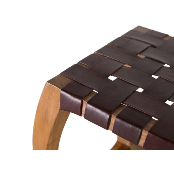 GINER Y COLOMER Taburete en bois massif de mindi avec assise en cuir tressé main, design artisanal moderne, 39x39 cm 2