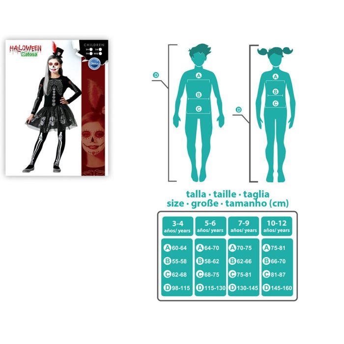 Déguisement Squelette Halloween pour Fille 10-12 Ans - Robe Noire Brillante avec Falbala en Tulle et Détails de Crânes Luminescents