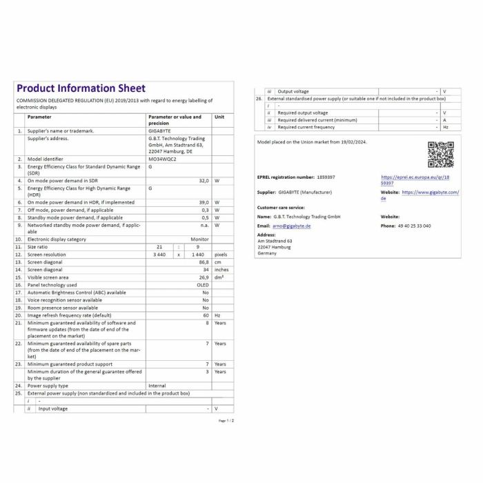 Écran Gigabyte MO34WQC2 Wide Quad HD 34" 10