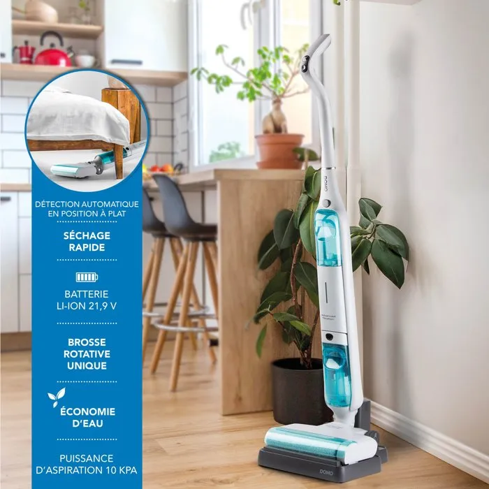 Domo DO253SW - Aspirateur balai laveur sans fil, 10000 Pa, 35 min autonomie, 75 m², 450 ml, blanc/bleu Domo DO253SW - Aspirateur balai laveur sans fil, 10000 Pa, 35 min autonomie, 75 m², 450 ml, blanc/bleu