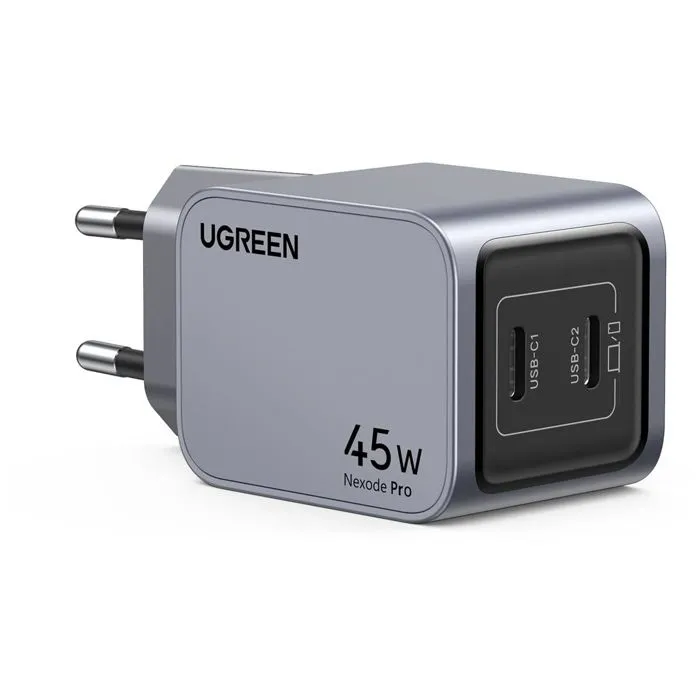 Ugreen Chargeur Secteur 45W, GaN 2 Ports USB-C, Gris, Recharge Rapide PD, Compatible Smartphone, Tablette, Ordinateur Portable, Design Compact et Sécurisé