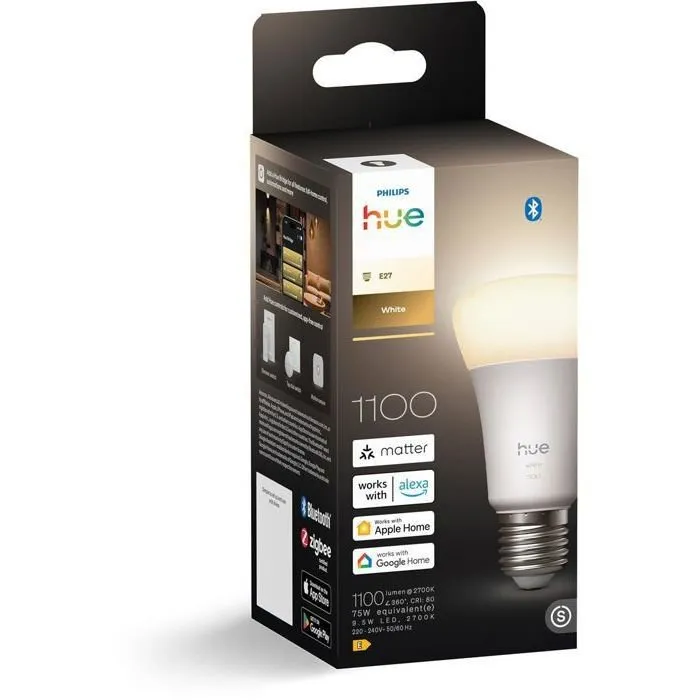Philips Hue Ampoule LED connectée A60 - Luminosité 1100 lumens - 9,5 W - Blanc chaud 2700K - Culot E27 - Gradation fluide Philips Hue Ampoule LED connectée A60 - Luminosité 1100 lumens - 9,5 W - Blanc chaud 2700K - Culot E27 - Gradation fluide