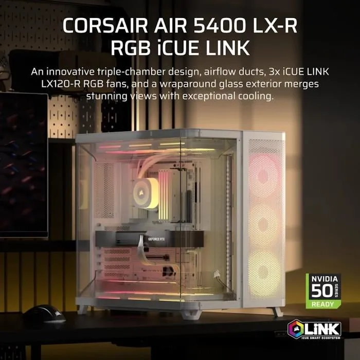 Corsair AIR 5400 LX-R LINK - Boîtier PC Mid-Tower en verre trempé blanc avec ventilateurs RGB à rotor inversé, refroidissement triple chambre et radiateur 360 mm dédié