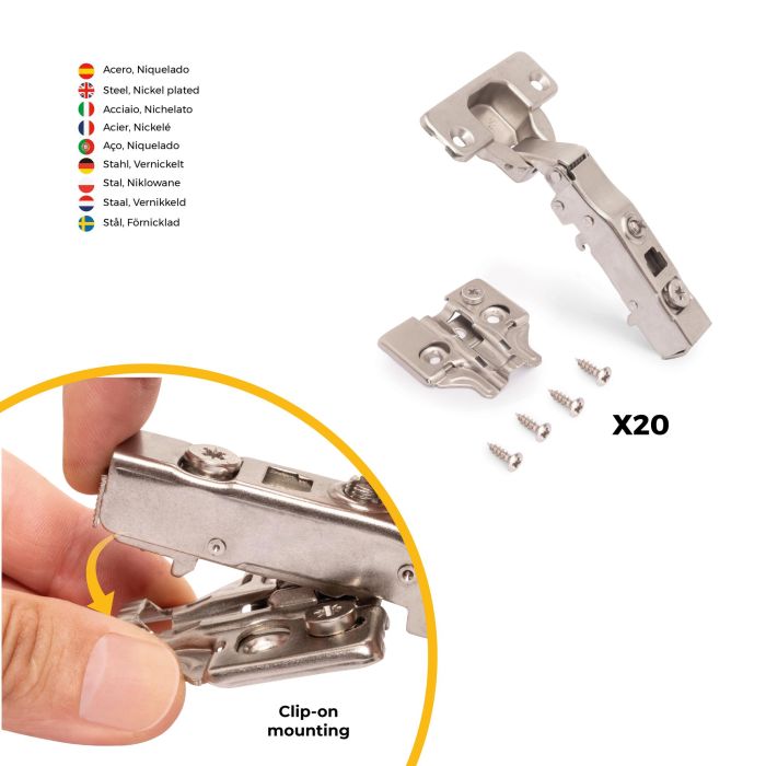 Emuca Lot de 20 charnières droites X91N avec embases à visser, Hauteur 0, Acier, Nickelé 2 Emuca Lot de 20 charnières droites X91N avec embases à visser, Hauteur 0, Acier, Nickelé 2