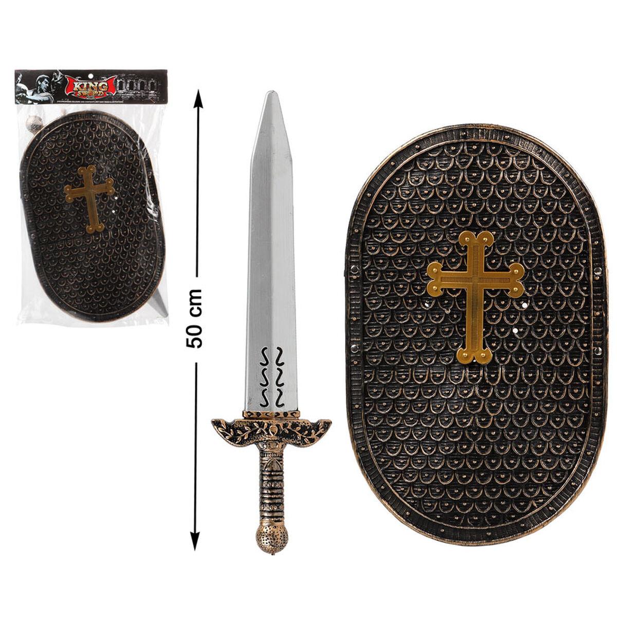 Espada Y Escudo De Caballero De Madera Artesanal GERILEO: Color Rojo, 47 Cm De Espada, 33.5 Cm De Escudo, Juego De Rol Medieval Para Niños Y Adultos, Ideal Para Disfraces Y Fiestas Temáticas