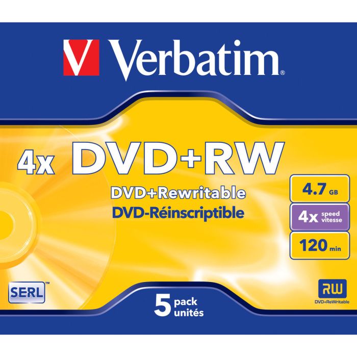 Verbatim dvd+rw, 4.7gb, 4x, 5 pack jewel case, superficie matt silver