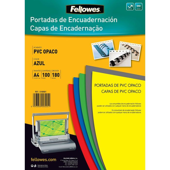 PACK DE 100 PORTADAS DE PVC OPACO FELLOWES 5100601 - TAMAÑO A4 - 180 MICRAS - FLEXIBLE - COLOR AZUL PACK DE 100 PORTADAS DE PVC OPACO FELLOWES 5100601 - TAMAÑO A4 - 180 MICRAS - FLEXIBLE - COLOR AZUL