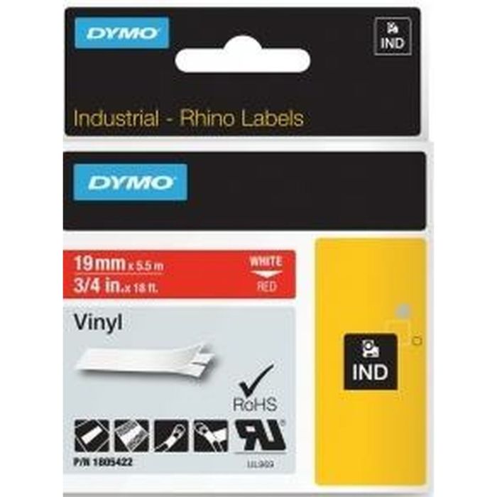 Dymo Rhino Cinta De Etiquetas Industrial Adhesiva Id1-19, Blanco Sobre Rojo De 19 mmx5´5M, Vinilo