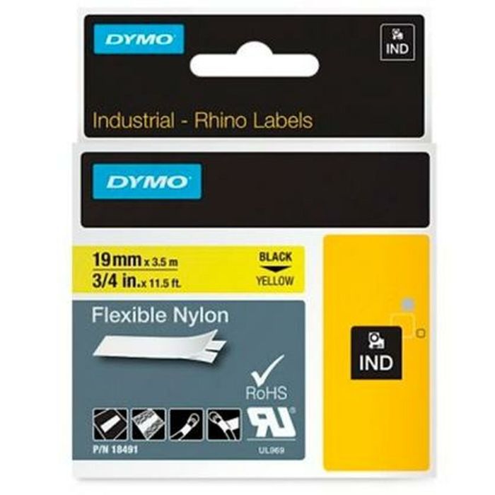 Dymo Rhino Cinta De Etiquetas Industrial Adhesiva Id1-19, Negro Sobre Amarillo De 19 mmx3´5 M, Nylon Flexible S0718090