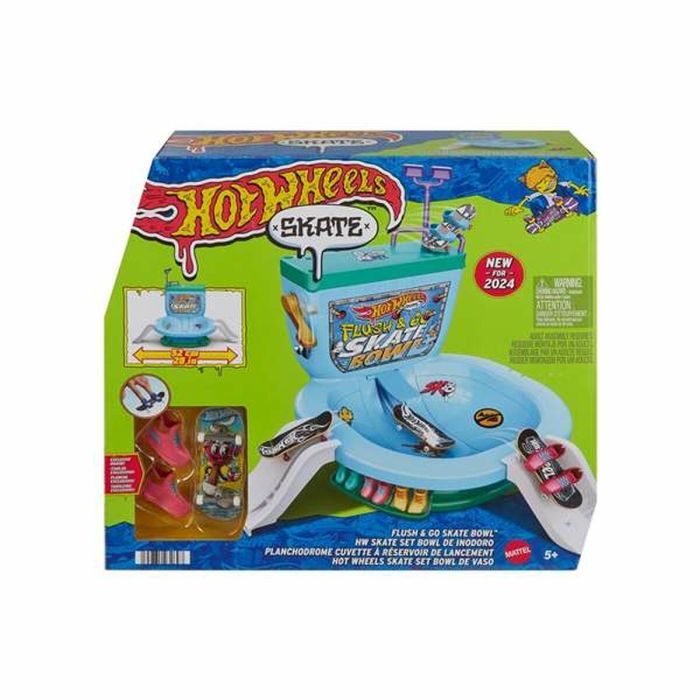 Pista hot wheels skate bol flush & go con forma de inodoro.incluye 1 monopatín para dedos y 1 par de zapatillas.