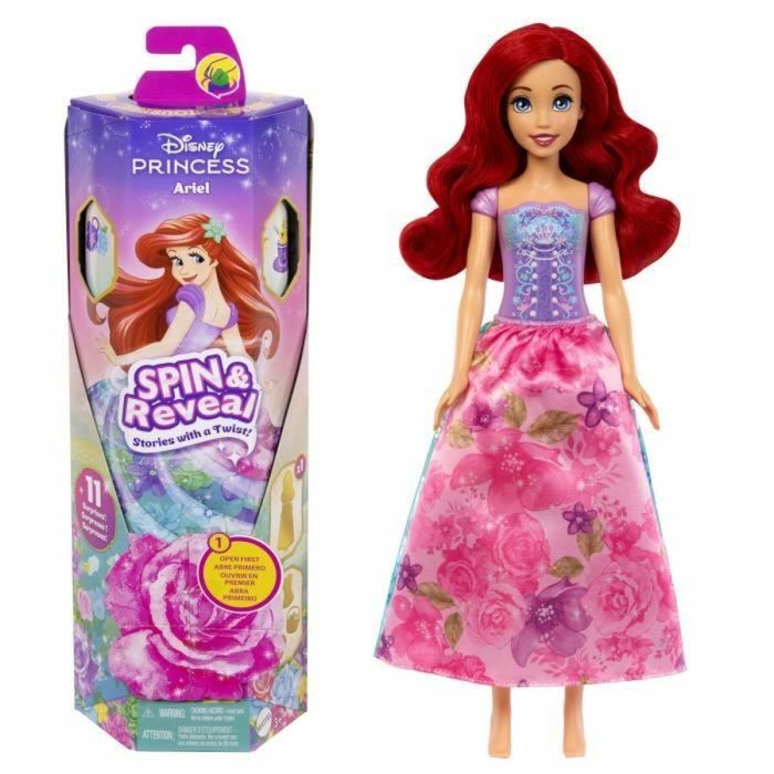 Muñeca princesa disney ariel spin and reveal. incluye 5 accesorios y 5 pegatinas.