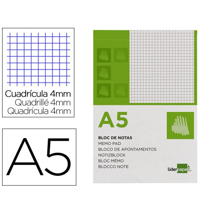 Bloc Notas Liderpapel Cuadro 4 mm A5 80 Hojas 60 gr-M2 Perforado 6 unidades