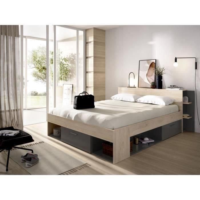 Cama para adulto 160x200 cm - 3 cajones + Cabecero con almacenaje - Decoración roble y antracita - SAX 1 Cama para adulto 160x200 cm - 3 cajones + Cabecero con almacenaje - Decoración roble y antracita - SAX 1