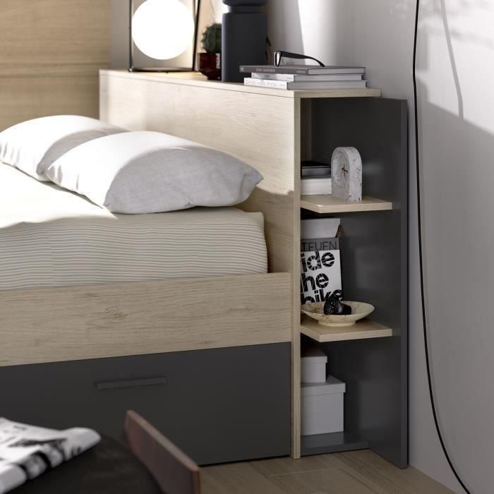 Cama para adulto 160x200 cm - 3 cajones + Cabecero con almacenaje - Decoración roble y antracita - SAX 3 Cama para adulto 160x200 cm - 3 cajones + Cabecero con almacenaje - Decoración roble y antracita - SAX 3