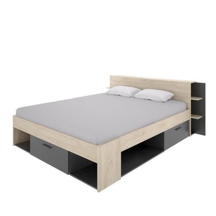 Cama para adulto 160x200 cm - 3 cajones + Cabecero con almacenaje - Decoración roble y antracita - SAX 0 Cama para adulto 160x200 cm - 3 cajones + Cabecero con almacenaje - Decoración roble y antracita - SAX 0