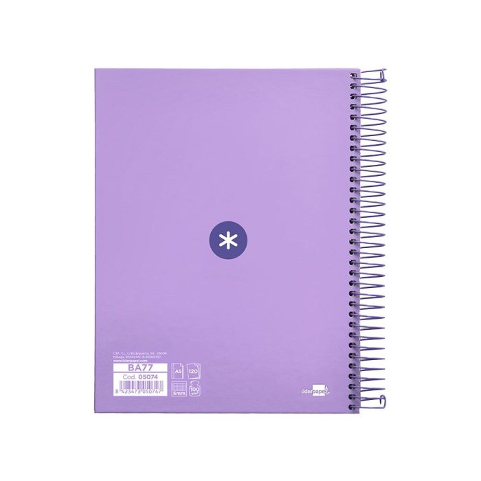 Cuaderno Espiral A5 Micro Antartik Tapa Forrada120H 90 gr Cuadro 5 mm 5 Banda 6 Taladros Color Lavanda 2