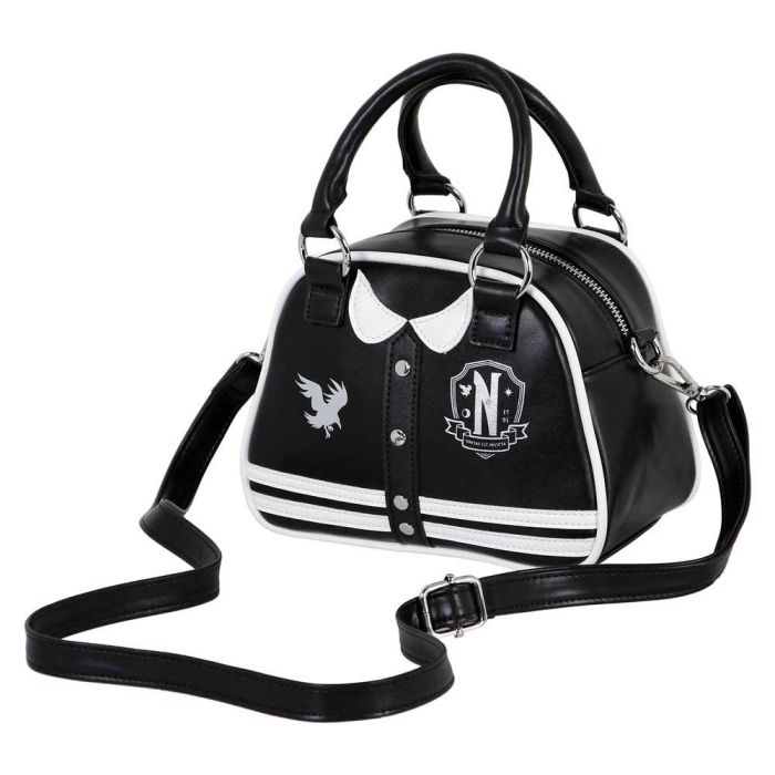Wednesday Miércoles Bolso Bowling Fashion Varsity Casual Negro con Bandolera Ajustable, Asas Cortas de PVC y Cierre Cremallera Wednesday Miércoles Bolso Bowling Fashion Varsity Casual Negro con Bandolera Ajustable, Asas Cortas de PVC y Cierre Cremallera