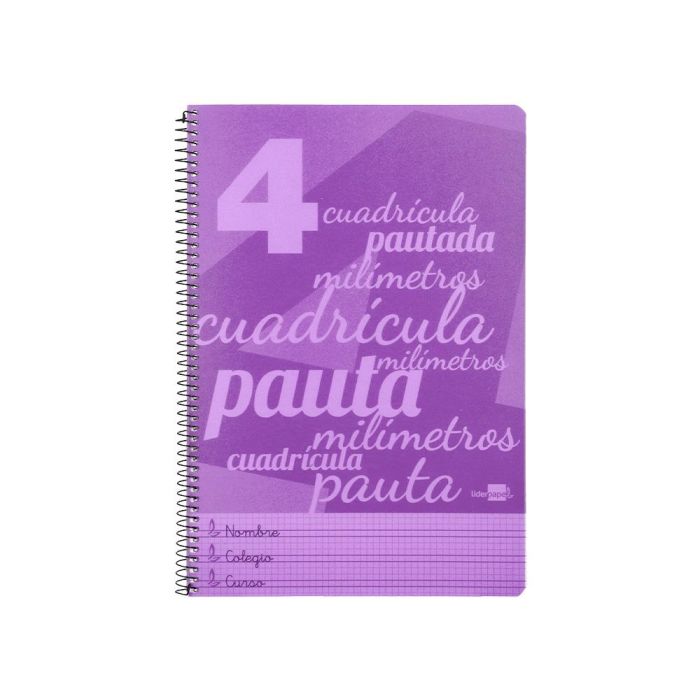 Cuaderno Espiral Liderpapel Folio Pautaguia Tapa Plastico 80H 75 gr Cuadro Pautado 4 mm Con Margen Color Violeta 1