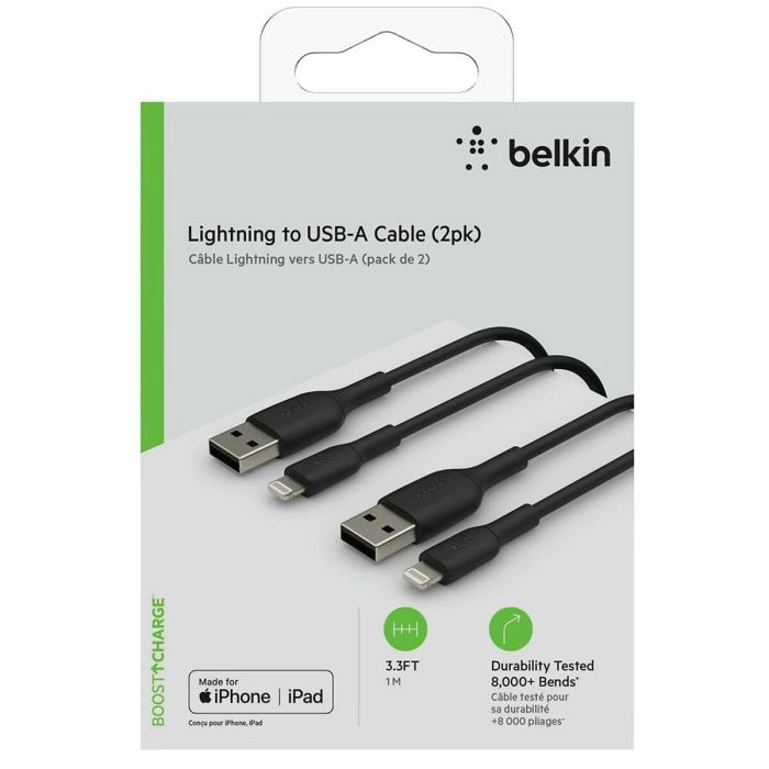 Cable USB a Lightning Belkin CAA001BT1MBK2PK 1 m Negro (2 Unidades)